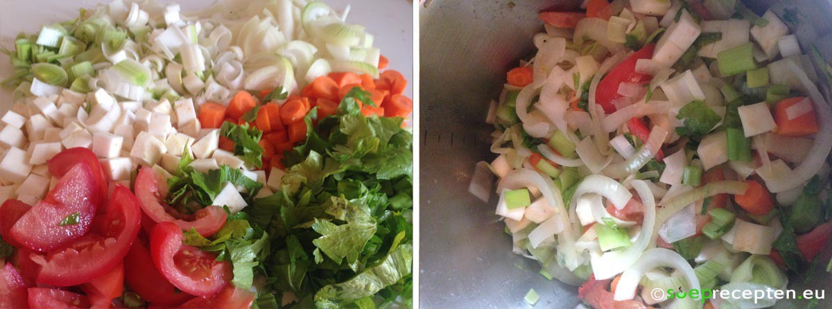 Groentebouillon groenten snijden en stoven