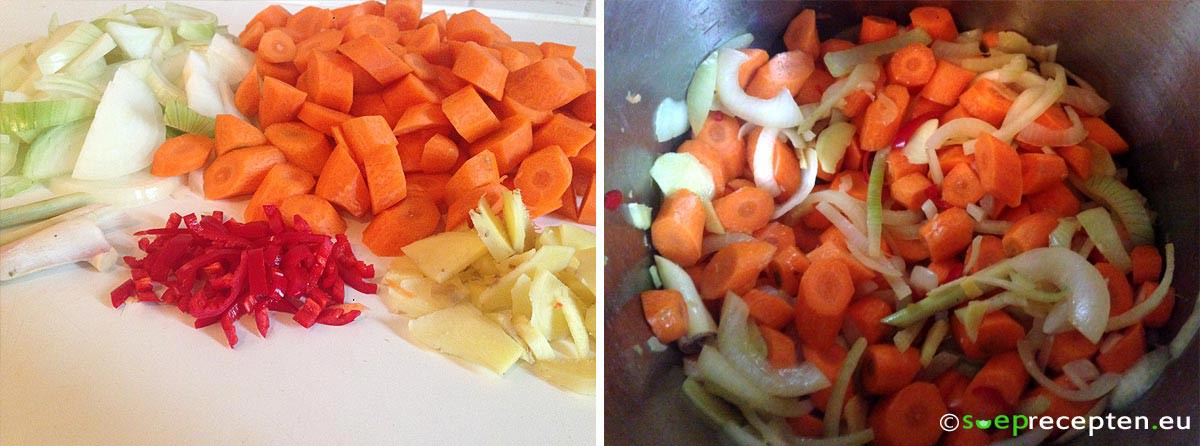 Wortel-gembersoep groenten snijden sinaasappels persen